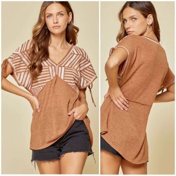 Savanna Jane Tan Embroidered Babydoll Knit Relaxed Fit Women's Size Small Nwt - Picture 2 of 9